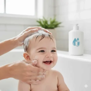 Illustration of a gentle tear-free shampoo formula being used safely near a baby's eyes.