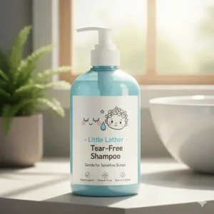 Illustration of a tear-free shampoo bottle designed for a toddler's sensitive scalp.