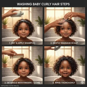 A four-step illustration showing the proper technique for washing and rinsing toddler curls.