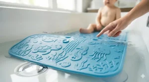 Safety illustration showing a baby sitting securely on a non-slip bath mat with a "parental supervision" icon.
