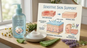 A soft illustration depicting the best baby face wash for infants with sensitive skin or eczema.