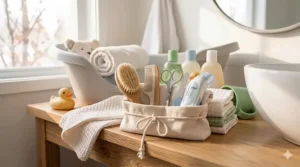 A baby health and grooming kit featuring a soft-bristle hairbrush and blunt-nosed nail clippers.
