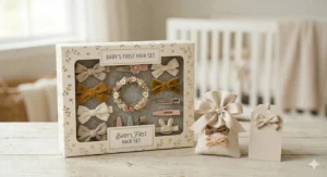 A photorealistic 4K close-up photograph showcasing a decorative gift box containing a curated collection of baby hair accessories on a textured grey liner.