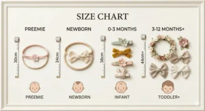 A photorealistic 4K visual size chart for baby hair accessories, displaying various headbands and bows from preemie to toddler sizes.