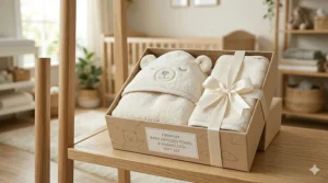 A beautifully packaged baby hooded towel gift set including a matching washcloth.