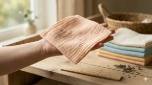 A standard size baby washcloth held in a hand to demonstrate coverage and portability.