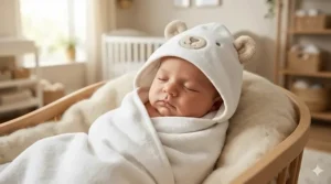 A plush white baby hooded towel featuring cute brown bear ears on the hood.