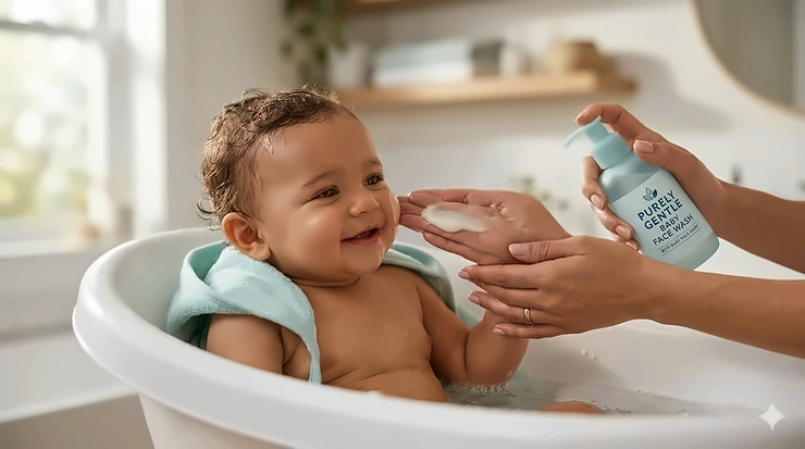 A gentle baby face wash being applied to a smiling infant during bath time. best baby face wash
