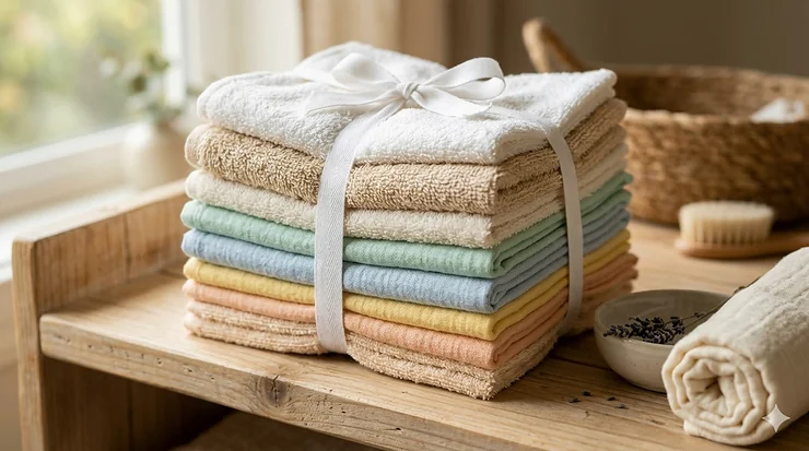 A stack of colorful, soft bamboo and organic cotton baby washcloths featuring different textures for sensitive skin, tied with a ribbon. best baby washcloths