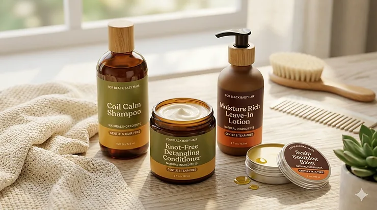 A professional collection of natural products for black baby hair including moisturizing creams, gentle shampoos, and soft-bristled wooden brushes in warm natural light.