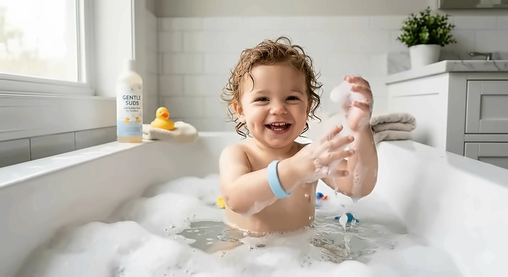A happy toddler playing with fluffy white bubbles in a bathtub using a safe, tear-free bubble bath formula.