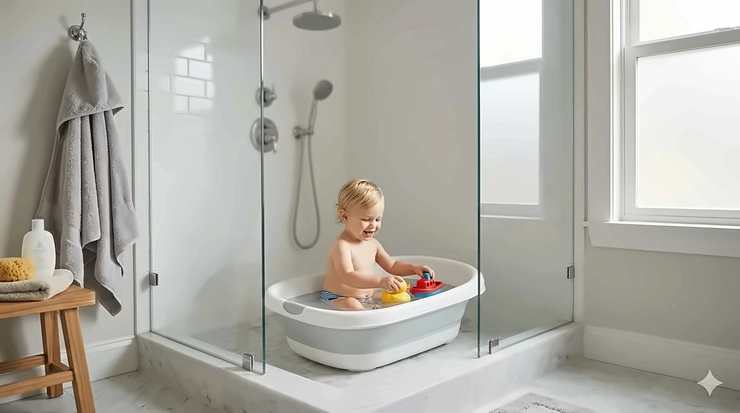 A happy toddler sits in a non-slip white and gray plastic portable tub placed inside a modern glass walk-in shower enclosure, playing with a yellow rubber duck and red boat under soft, natural light. toddler tub for shower