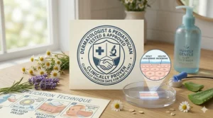 A medical seal of approval icon for dermatologist-tested baby face wash products.