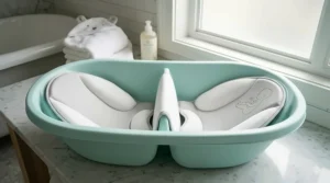 Illustration of a bathtub with a removable divider to keep twins separated and stable.