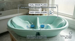 Diagram highlighting dual drain plugs for quick cleanup after bathing twins.