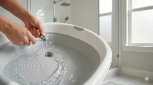A close-up illustration of a gray silicone drain plug being pulled by adult fingers, showing efficient water drainage from the toddler tub into a marble shower floor.