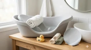 An ergonomic blue baby bath tub with a non-slip infant support insert for safe bathing.