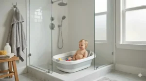 A photorealistic illustration of a joyful toddler sitting upright and leaning against the high ergonomic backrest of a gray and white tub inside a detailed glass shower stall.