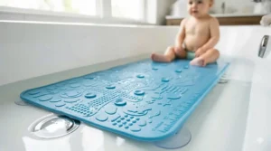 Illustration showing the full-length coverage of an extra-long non-slip bath mat for baby in a standard tub.