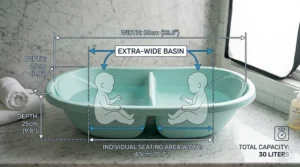 Illustration showing the dimensions of an extra-wide basin designed for two babies.