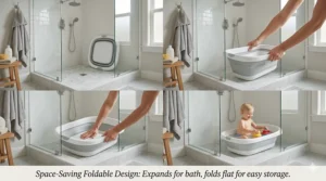 A 4K photorealistic illustration showing a white and gray toddler tub in two states: folded flat against a marble shower wall and being expanded by a parent's hands inside a bright walk-in shower.