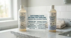 A comparison illustration between unscented and naturally scented safe bubble baths for toddlers.