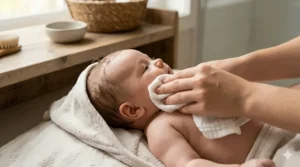 A parent using a gentle baby washcloth to clean a newborn during bath time.