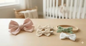 A photorealistic 4K close-up photograph showcasing various classic hand-tied baby bows in different styles, including oversized linen bows and pigtail sets.