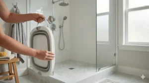 An illustration showing an adult hand using a silicone strap to hang a folded-flat toddler tub onto a brushed nickel hook on a white subway-tiled bathroom wall.