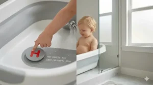 A macro illustration of a heat-sensitive drain plug showing a red "H" icon and temperature labels (HOT/SAFE) to demonstrate real-time water safety for a toddler in a shower tub.