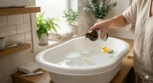 A hand pouring a small, measured amount of vapor bath liquid into running bath water for an infant.