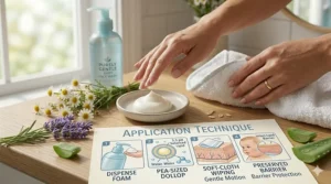 Step-by-step illustration showing how to apply a mild face wash to a baby’s skin using a soft cloth.