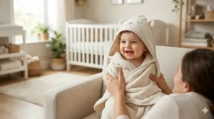 Illustration of a parent using a hooded towel to keep a baby warm immediately after a bath.