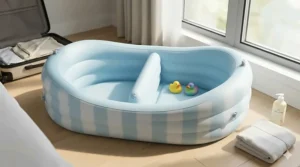 Portable inflatable bathtub designed for bathing twins while traveling.