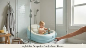 A 4K photorealistic illustration of a light blue and cream inflatable toddler tub inside a glass shower, with a toddler playing with cups and a parent using a small pump for setup.