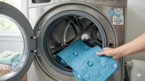 Simple graphic showing a non-slip bath mat for baby being placed in a washing machine for easy cleaning.