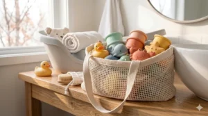 A set of colorful BPA-free silicone bath toys designed to be mold-resistant and easy for babies to grip.