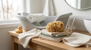 A soft natural sea sponge and cotton washcloths, key baby bath accessories for sensitive skin.