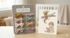 A photorealistic 4K close-up photograph showcasing a curated collection of no-slip baby hair accessories with graphic illustrations demonstrating their gentle hold.