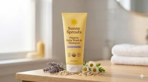 Natural chamomile, aloe vera, and coconut oil icons representing organic ingredients in the best baby shampoos.