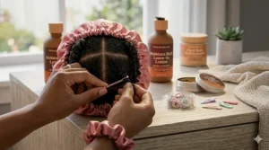 A variety of ouchless hair ties, colorful snap clips, and gentle accessories used for styling black baby hair without tension.