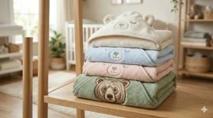 A stack of folded baby hooded towels in pastel blue, pink, and sage green colors.