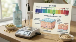 Graphic showing a pH-balanced label on a baby face cleanser to protect the skin barrier.