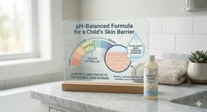 A diagram explaining the importance of a pH-balanced, safe bubble bath for a toddler’s skin barrier.