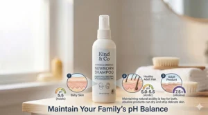 A diagram showing the ideal pH-balanced level for baby skin compared to adult hair products.