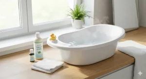 Illustration of essential items for a baby vapor bath including a baby tub, warm water, and gentle vapor bath liquid.