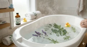 Illustration emphasizing the importance of keeping a hand on the baby at all times during a vapor bath.