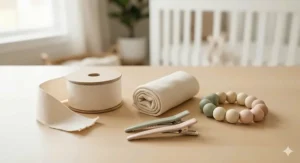 A photorealistic 4K photo displaying raw, safe materials for baby hair accessories, including spools of organic cotton ribbon and smooth plastic clips.