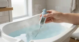 A digital thermometer showing the ideal safe water temperature for a baby’s vapor bath to prevent scalding.