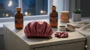 A miniature rose-pink satin bonnet and silk scrunchie designed to protect black baby hair from friction and moisture loss during sleep.